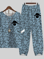 Lot Of Sheep Print Short-sleeved Top And Two-pocket Slacks Two-piece Suits