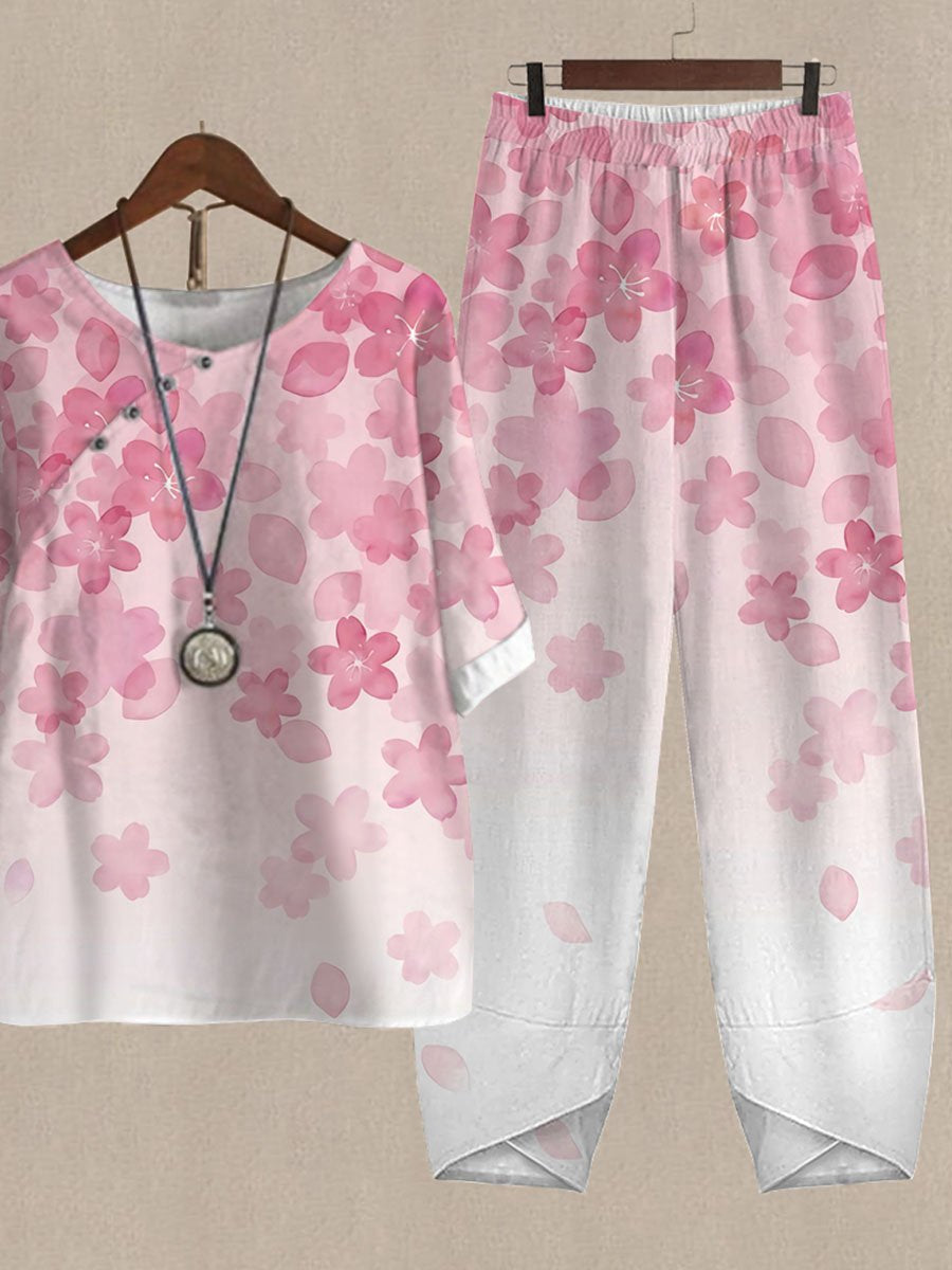 Pink Cherry Blossom Print Top And Pants Two-piece Suits
