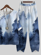 Ink Forest Print Casual Two-piece Suits