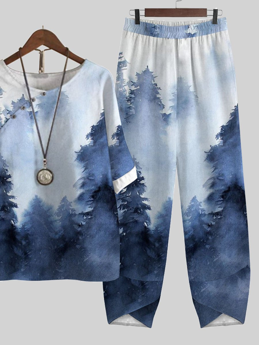 Ink Forest Print Casual Two-piece Suits