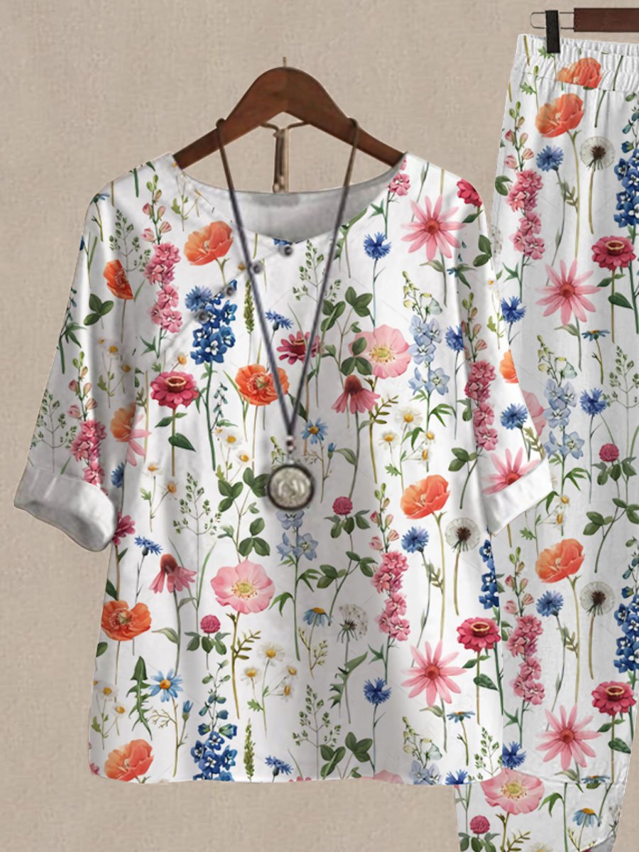 Assorted Floral Print Top And Pants Two-piece Suits