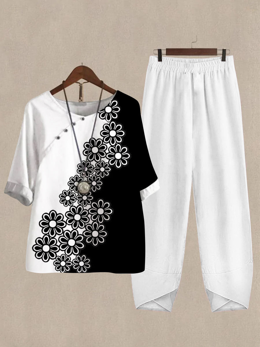 Women's Floral Print Color Block Half Sleeve Top And Wide Leg Pants Linen Two Pieces