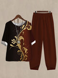 Women's Printed Color Block Half Sleeve Top And Casual Pants Linen Two Pieces