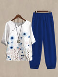 Linen Casual Women's Floral Print Two Pieces Set
