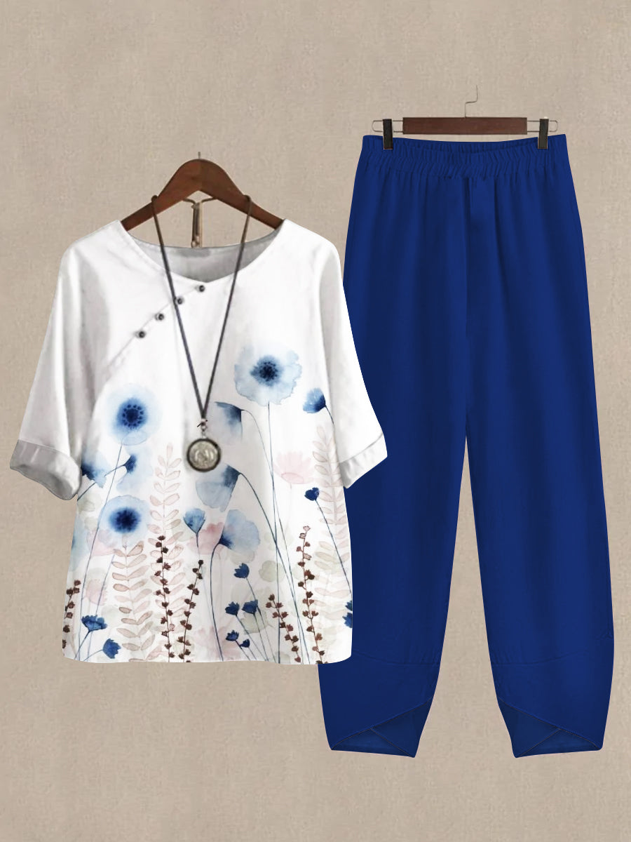 Linen Casual Women's Floral Print Two Pieces Set