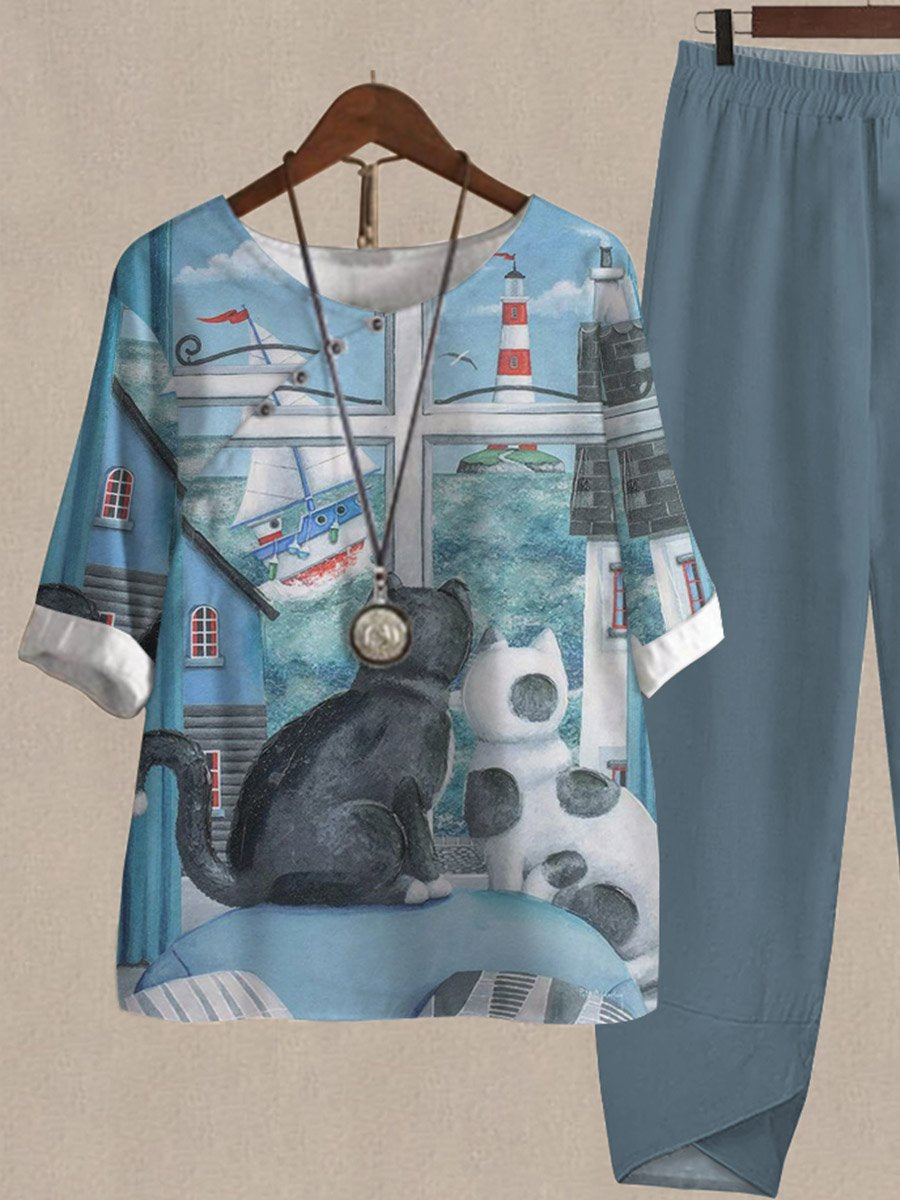 Fun Cat Print Loose Casual Two-Piece Suits