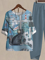 Fun Cat Print Loose Casual Two-Piece Suits