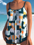 Geometric Print Bowknot Tankini Set