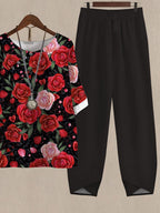 Rose Print Casual Two Piece Suits