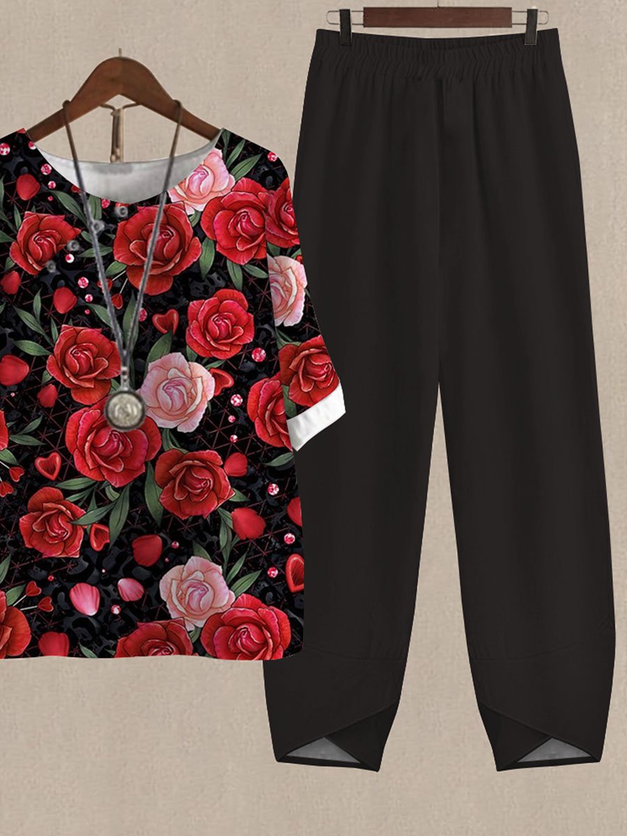 Rose Print Casual Two Piece Suits