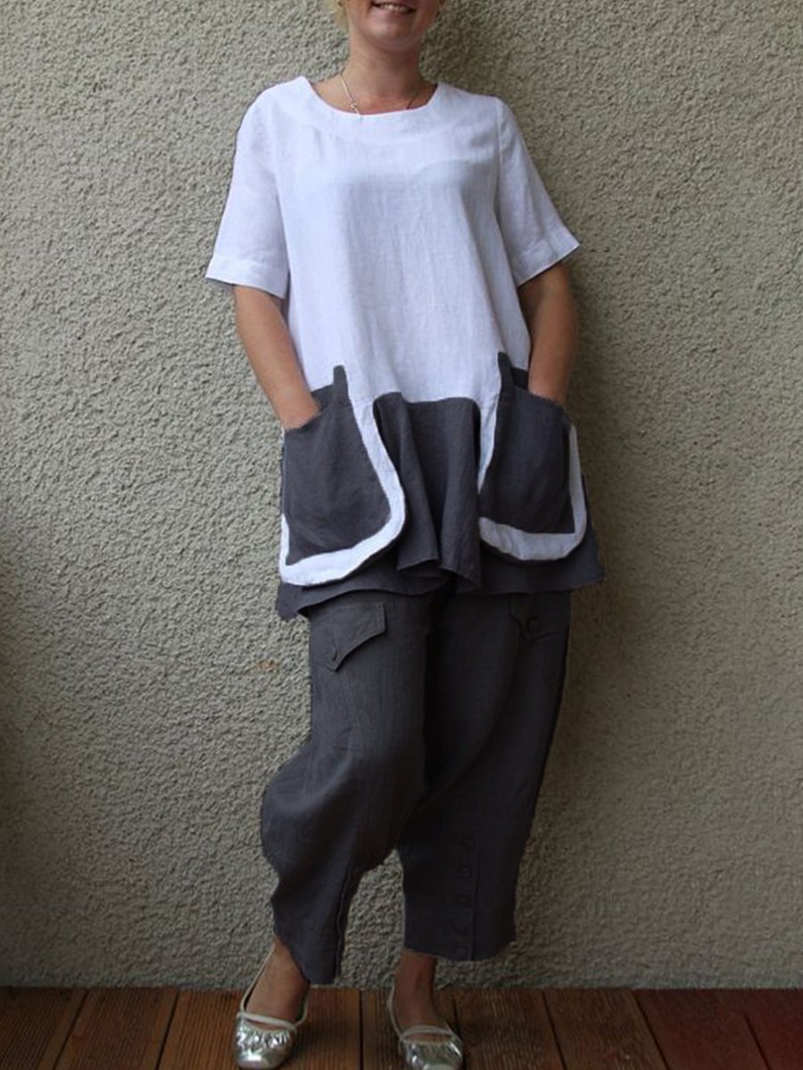 Cotton And Linen Short Sleeve Big Pocket Women's Suit