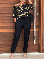 Printed Pocketed One Shoulder Casual Two-piece Suits