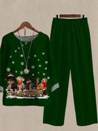 Spring Autumn Christmas Dachshund Print Casual Two Piece Suits