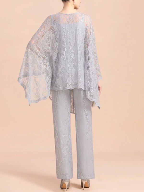 Elegant V-Neck Appliques Silver Mother Of Bride Jumpsuit With Lace Wraps