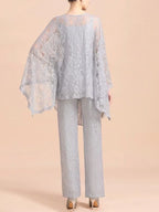 Elegant V-Neck Appliques Silver Mother Of Bride Jumpsuit With Lace Wraps
