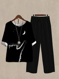 Linen Casual Women's Moon And Cat Print Two Pieces Set