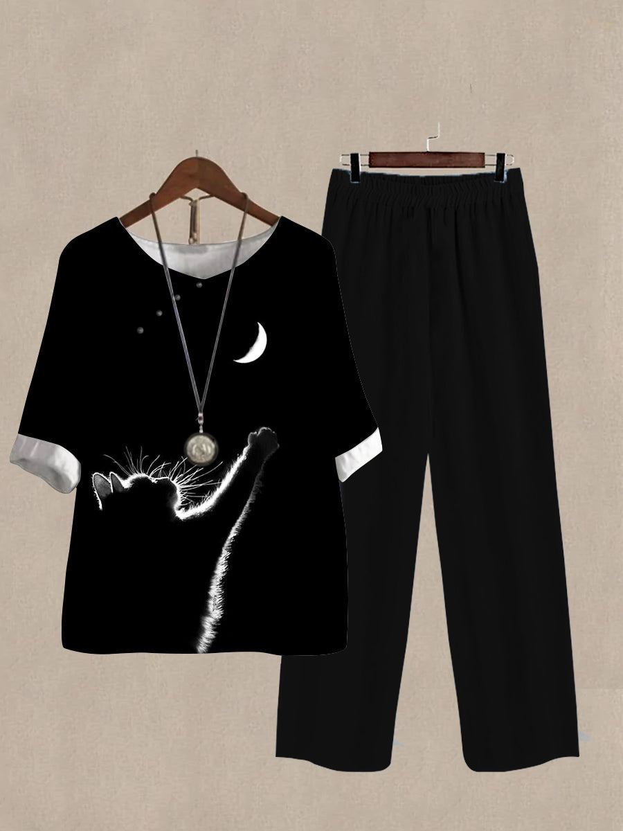 Linen Casual Women's Moon And Cat Print Two Pieces Set