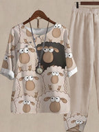 Many Cute Sheep Print Top And Pants Two-piece Suits