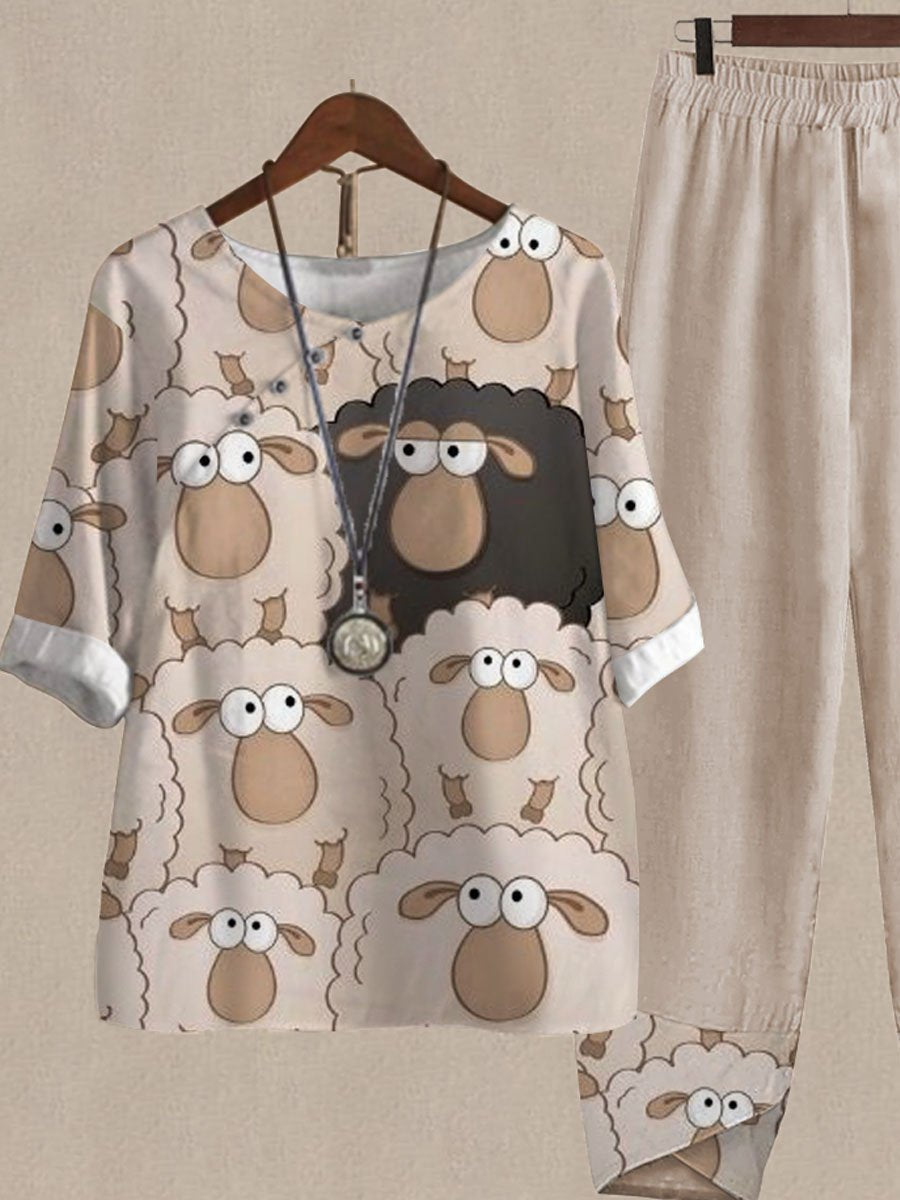 Many Cute Sheep Print Top And Pants Two-piece Suits