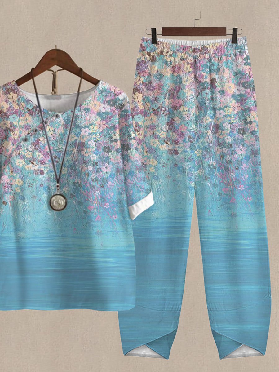 Oil Painting Floral Print Top And Pants Two-piece Suits