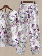 Purple Watercolor Floral Print Top And Pants Casual Two-piece Suits