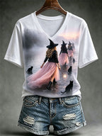 Women's Pink Witch-Themed V-Neck T-Shirt