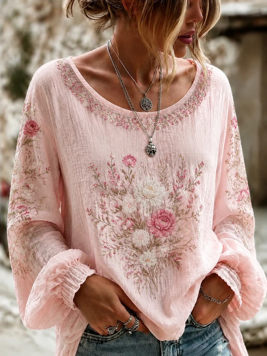Women'S Breast Cancer Pink Flowers Print Cotton-Linen Shirt