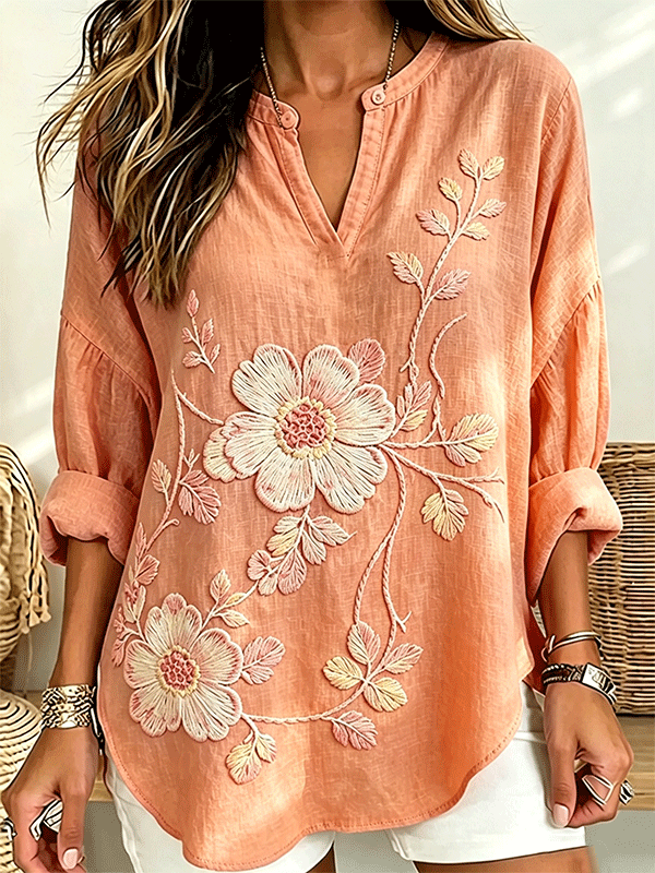 Women's Large Floral Embroidered Henley Neck Linen Blouse