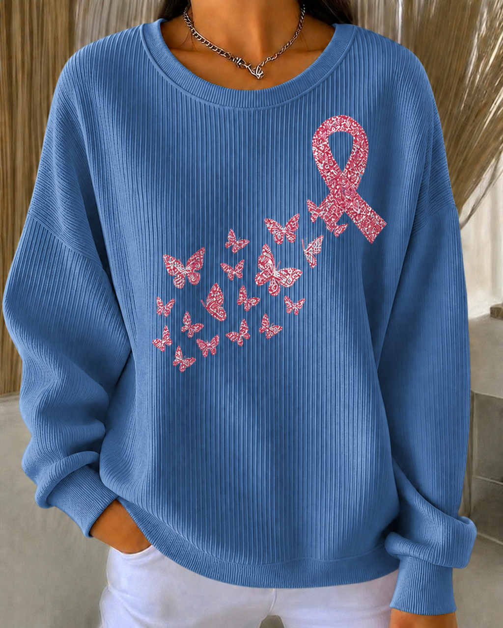 Women'S Breast Cancer Promotional Print Casual Waffle Sweatshirt