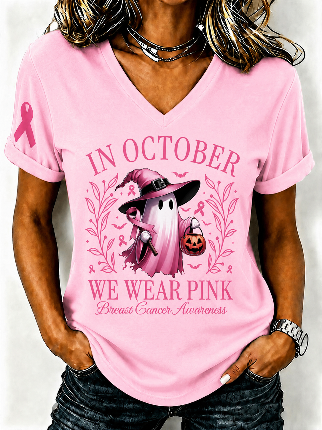 Women'S Breast Cancer Promotional Print Short Sleeved T-Shirt