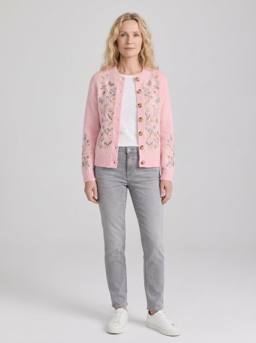 Women's Breast Cancer Awareness Butterfly Floral Embroidered Cardigan