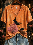 Women's Pink Witch-Themed Print Casual T-Shirt