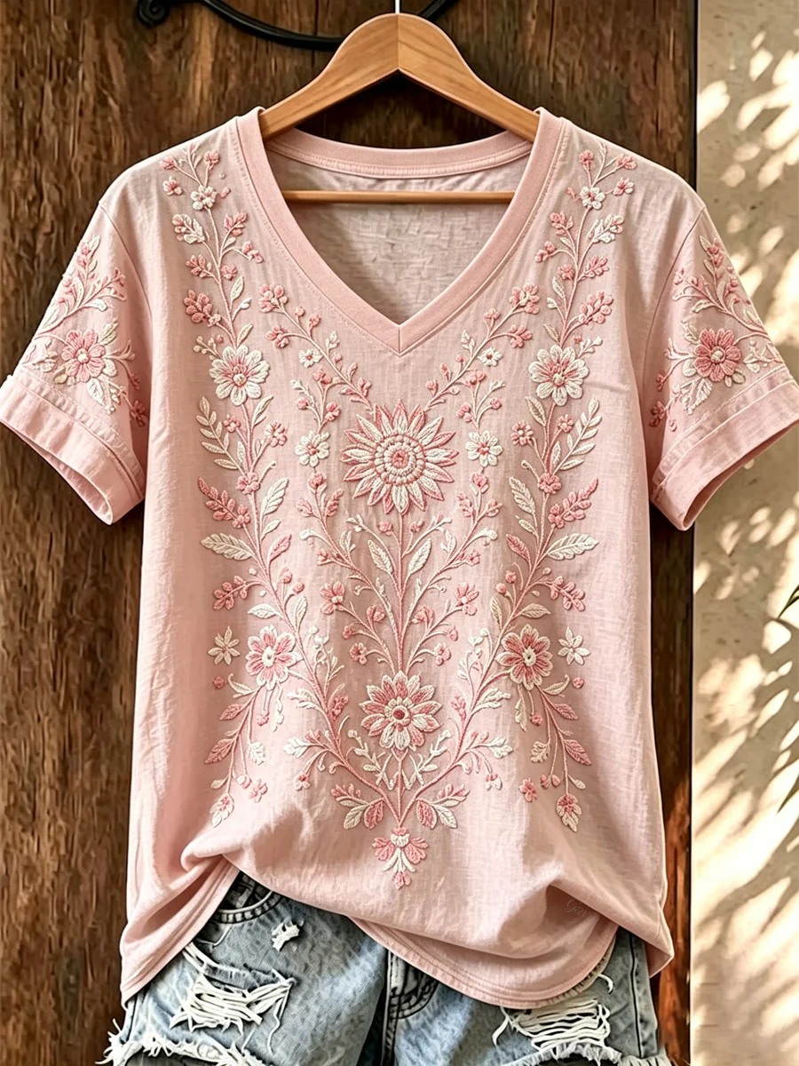 Women'S Breast Cancer Pink Flowers Printed V-Neck T-Shirt