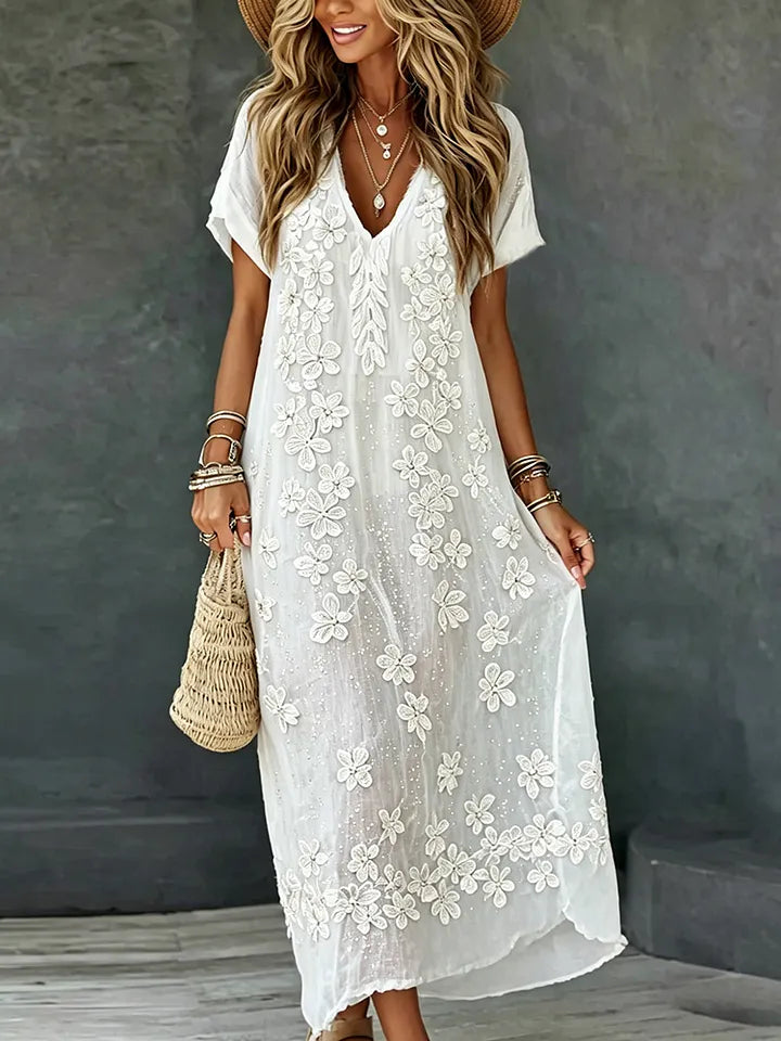 Women's Rose Art Embroidered Linen Blend V Neck Maxi Dress