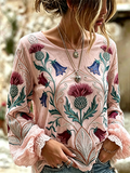 Cotton, Linen, Religious Beliefs, Floral Embroidery, Printed Long Sleeved Round Neck T-Shirt