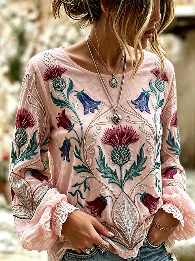 Cotton, Linen, Religious Beliefs, Floral Embroidery, Printed Long Sleeved Round Neck T-Shirt