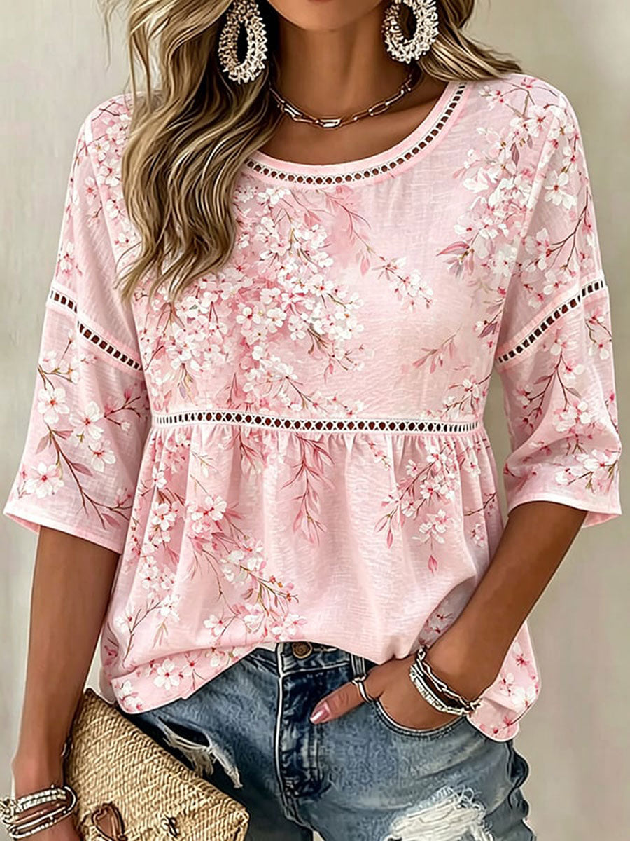 Women's Pink Flowers Printing T-Shirts
