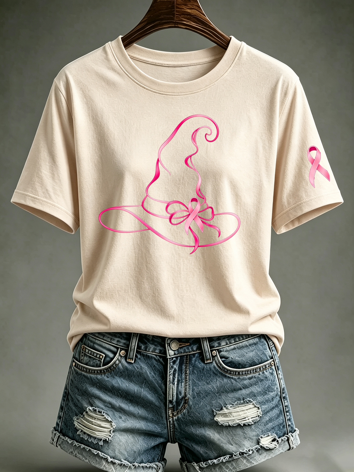 Women's Pink Witch Hat Printed Casual T-Shirt
