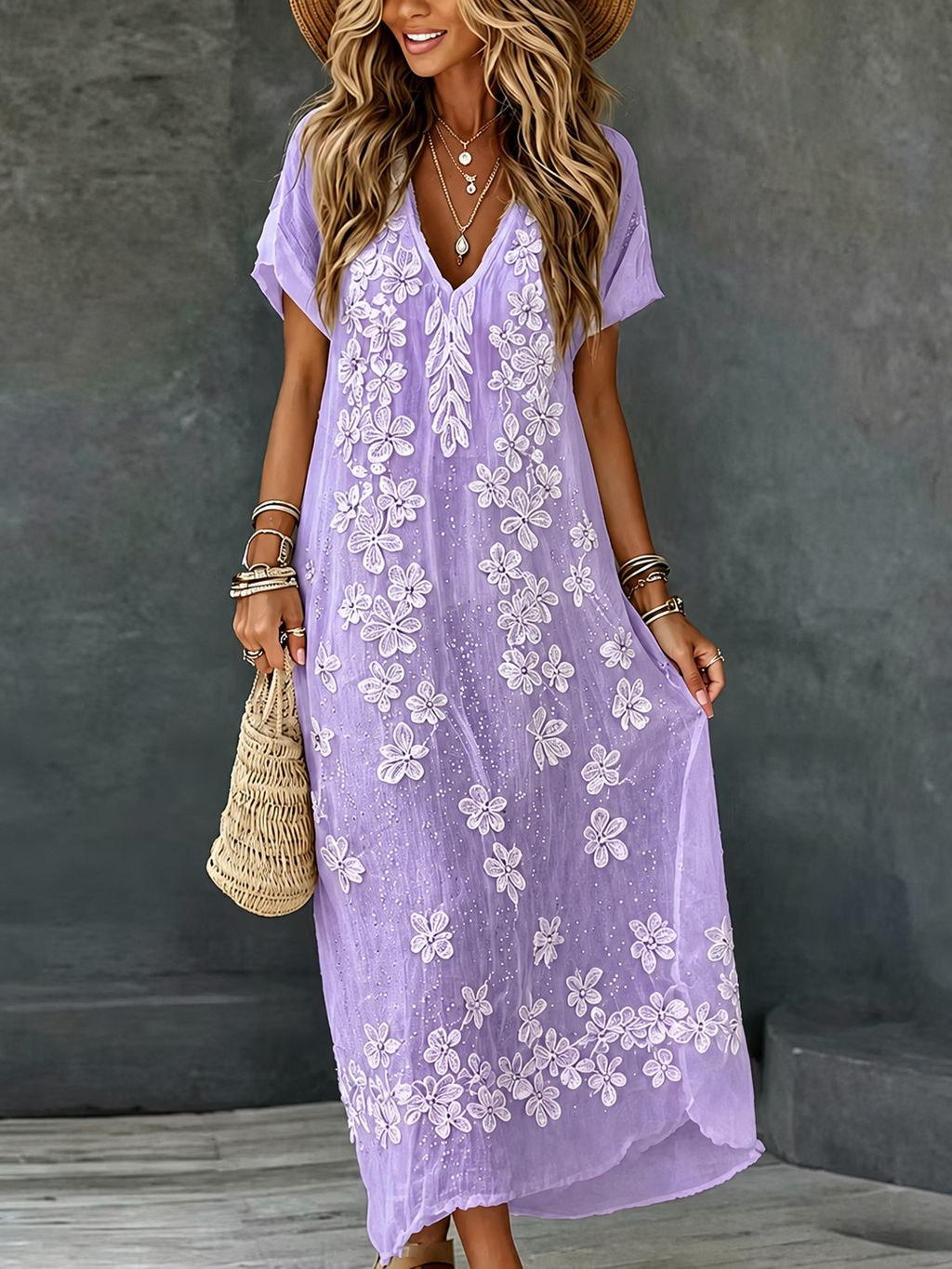 Women's Rose Art Embroidered Linen Blend V Neck Maxi Dress