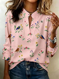 Women's Floral and Bird Print Casual Long-Sleeve Shirt