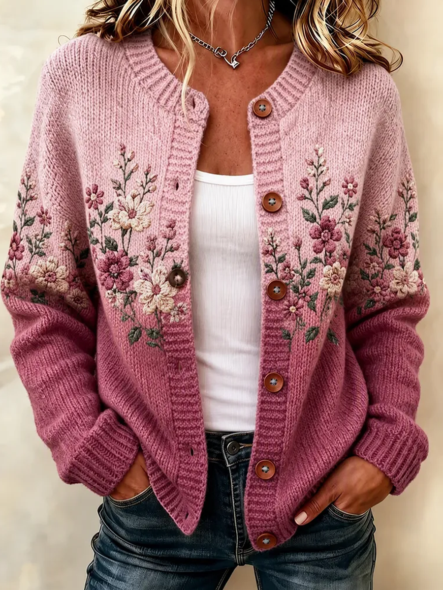 Women'S Casual Floral Plant Knitted Cardigan Top