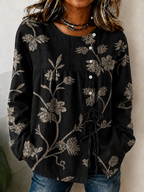 Women'S Breast Cancer Promotion Pink Plant Art Printing Cotton Linen Long Sleeve Shirt