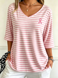 Women's Pink Printed V-neck 3/4 Sleeve Casual T-shirt