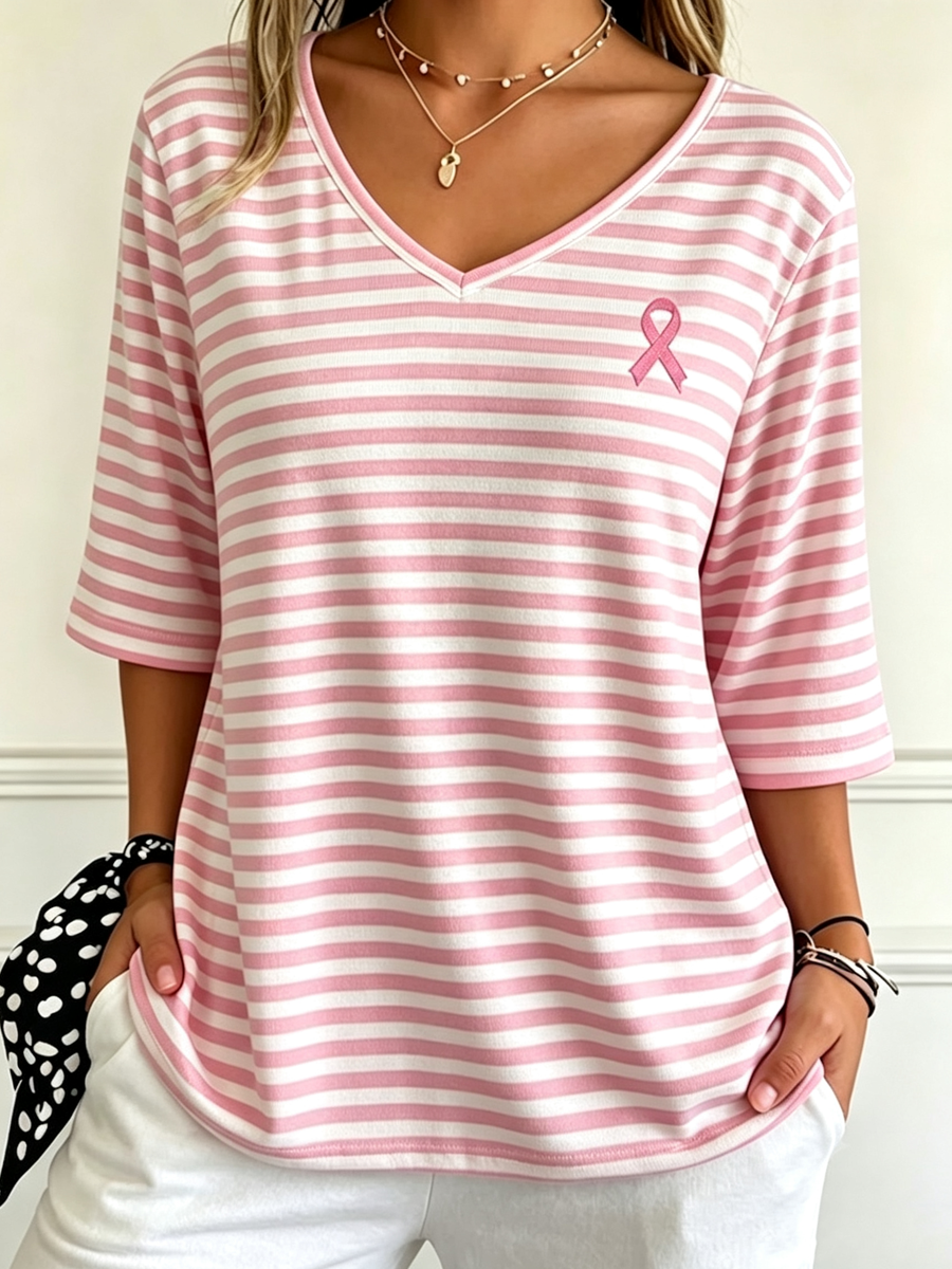 Women's Pink Printed V-neck 3/4 Sleeve Casual T-shirt