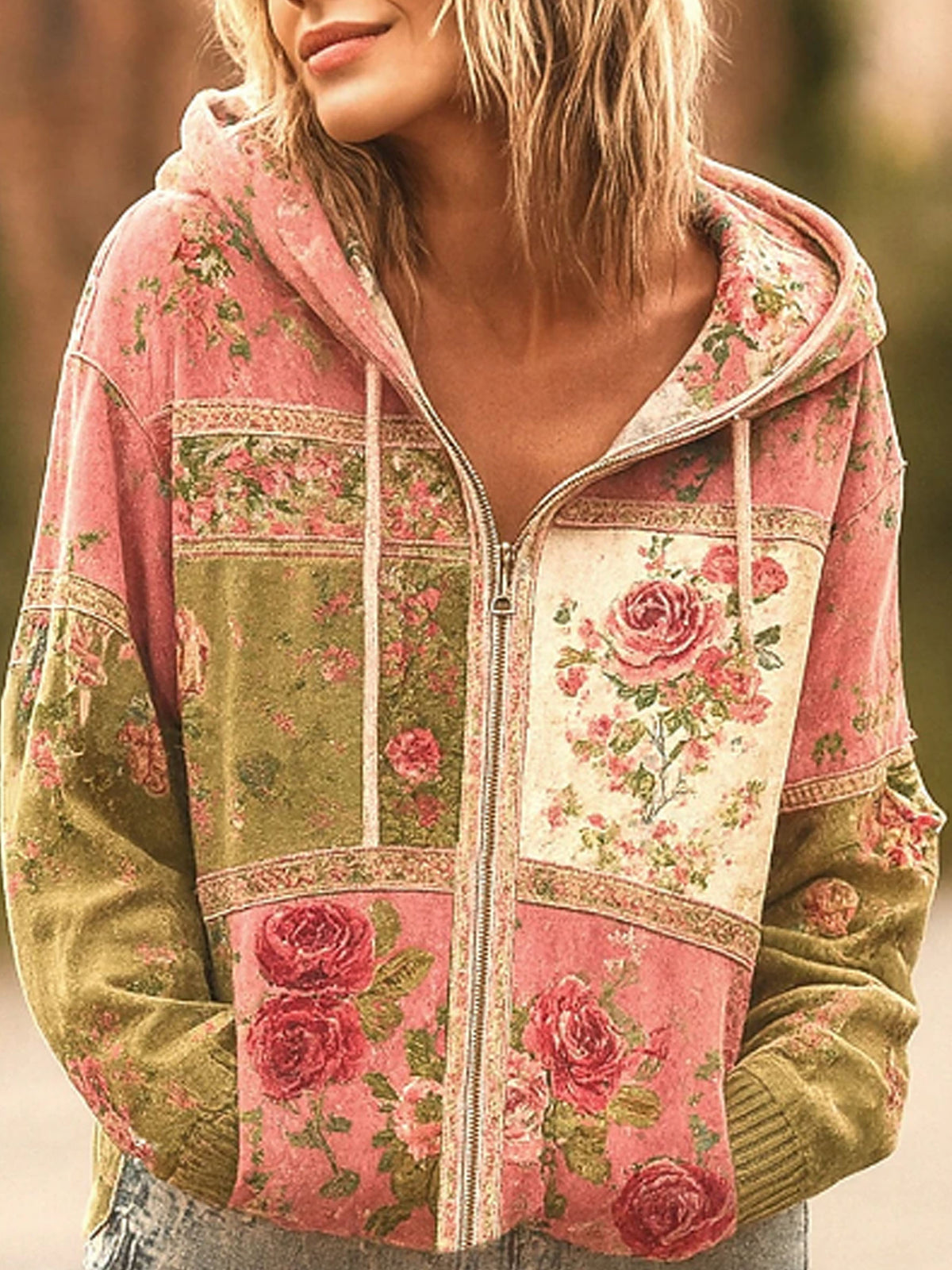 Women's Flower Print Zipper Hoodie