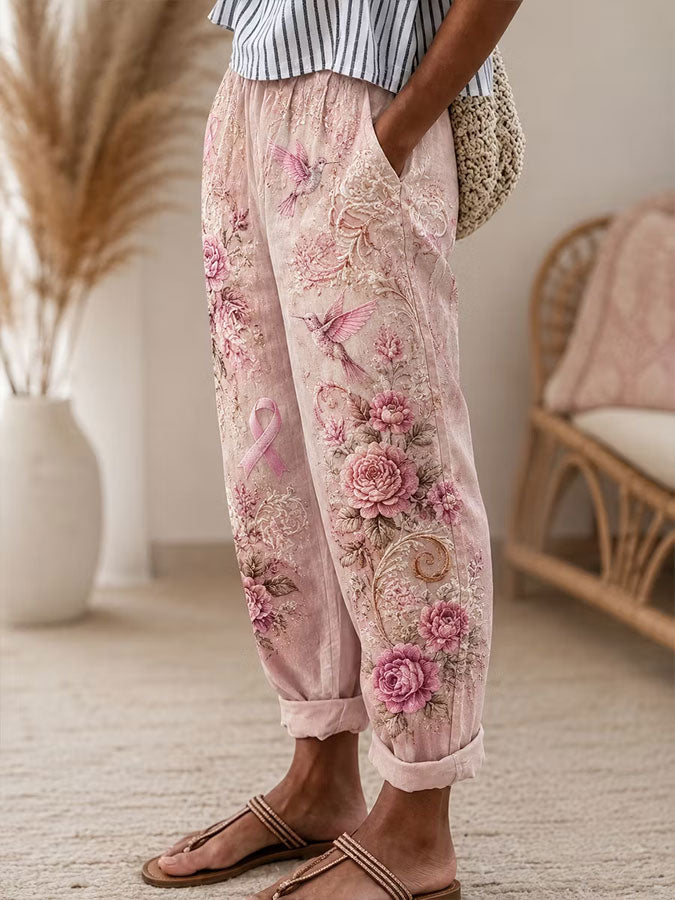 Women'S Pink Floral Print Casual Pants