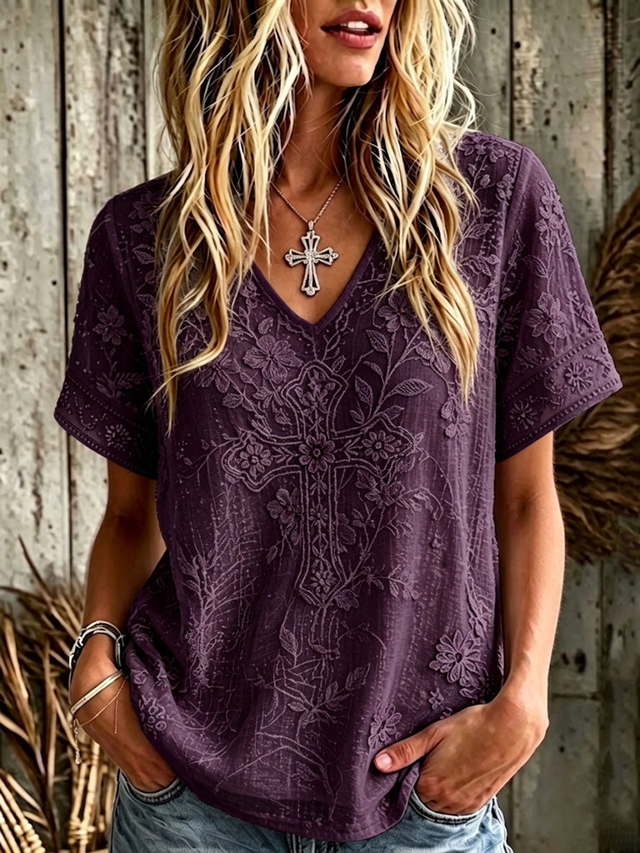 Women'S Cotton And Linen Floral Faith Casual Top