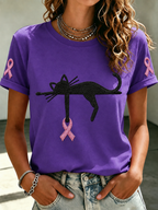 Women'S Pink Ribbon Cat Print Breast Cancer Awareness Short-Sleeved T-Shirt