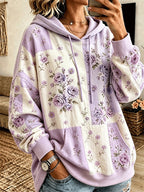 Women's Vintage Rose Floral Patchwork Drawstring Pocket Hoodie