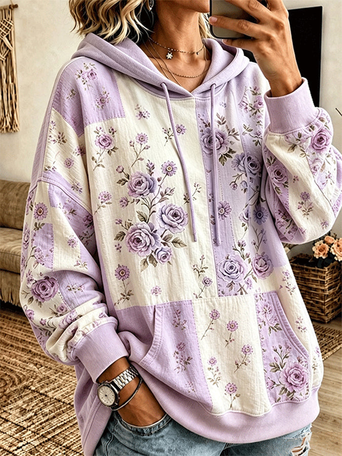 Women's Vintage Rose Floral Patchwork Drawstring Pocket Hoodie